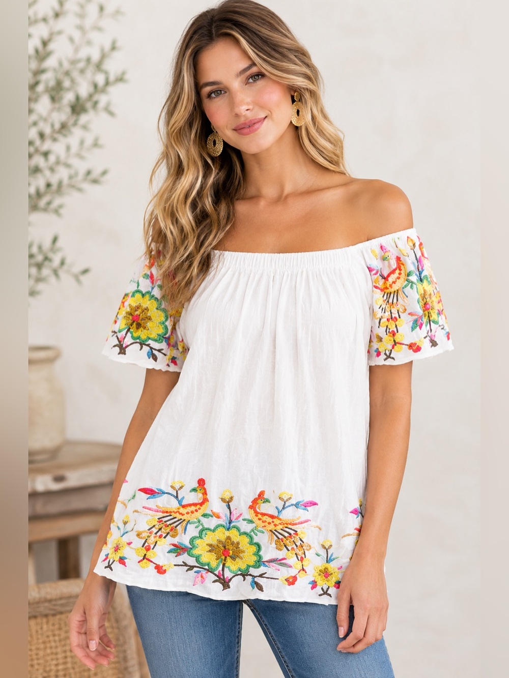 KLD Signature Boho White Off-Shoulder Bird Multi Color Embroidered Peasant Top